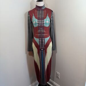 Souk + Sepia Dress Large Sepia Gaultie Body Print Mock Neck Maxi Fitted Bodycon